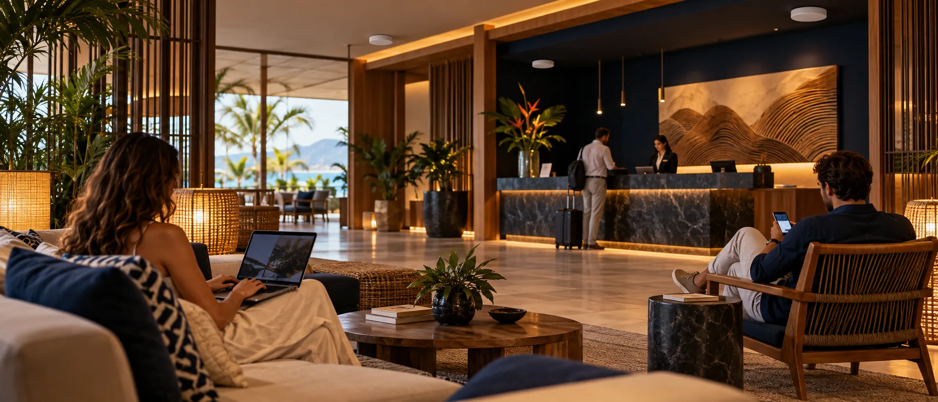 Hóspedes usando Wi-Fi em um lobby de hotel