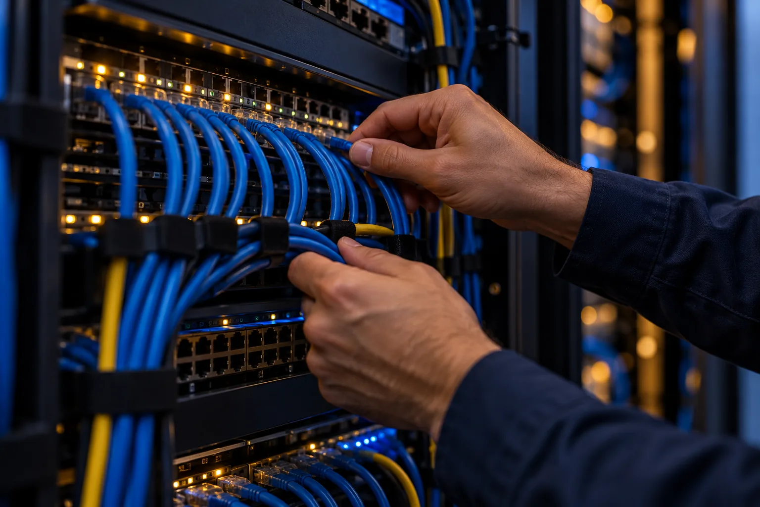 Organização de cabos em um rack de rede
